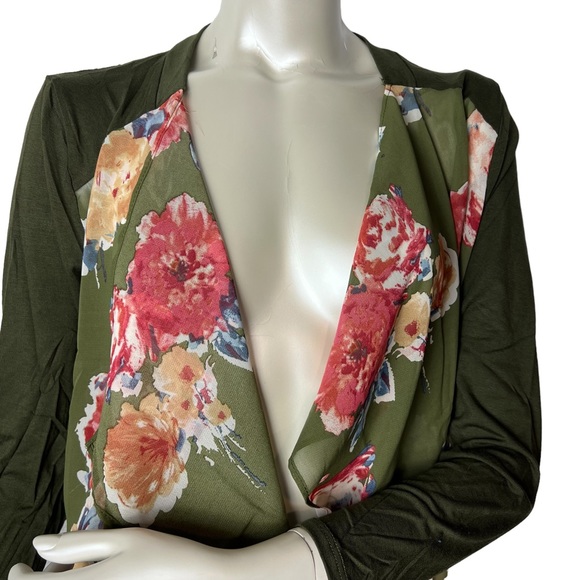 ALL FOR YOU brand Green Floral Long Sleeve Lightweight Draped Cardigan - Picture 3 of 10